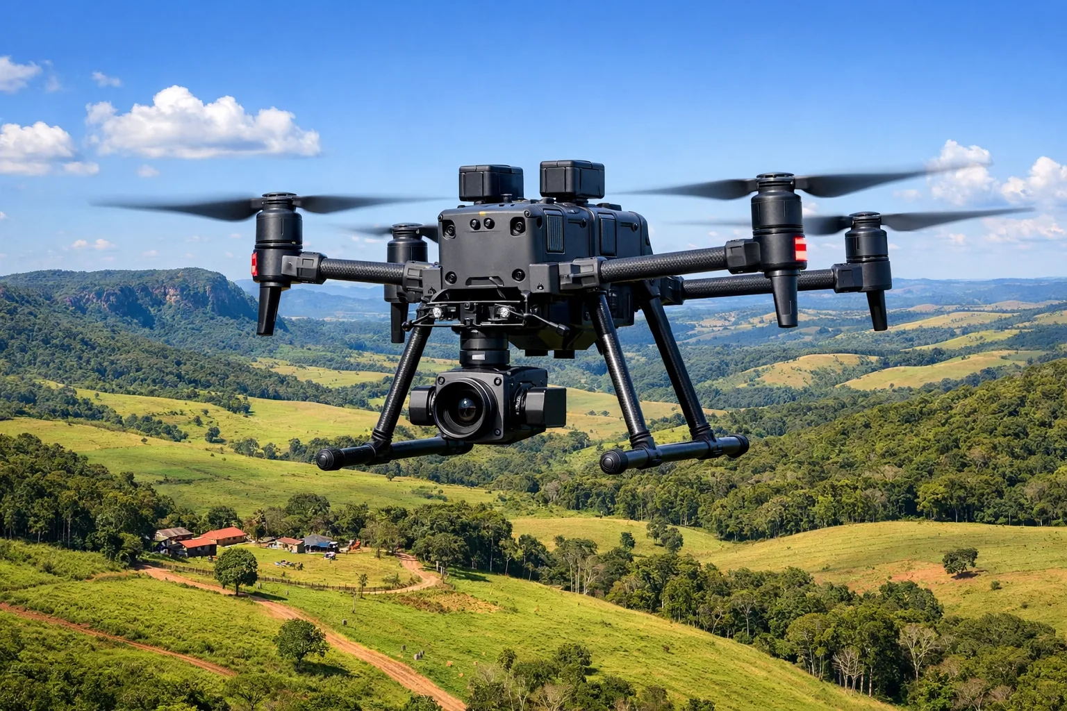 Ilustração conceitual de drone utilizado para mapeamento de área rural